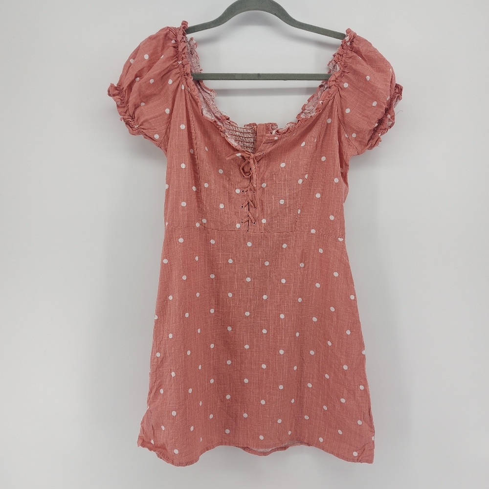 Goodnight Macaroon Polka dot mini dress with ruffle accent and corset detail
